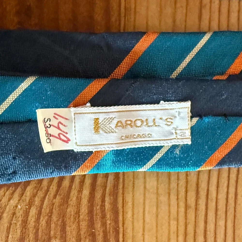 VTG Karolls Chicago Mens Silk Tie Blue Orange Stripe‎ Pattern Formal Necktie